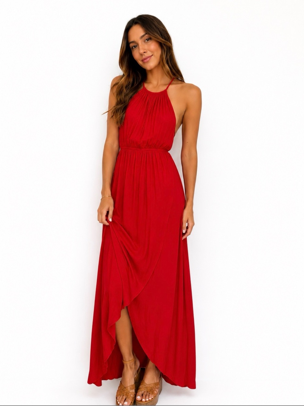 Red Halter Maxi Sleeveless High Waist Dress with Gathered Bodice Size L